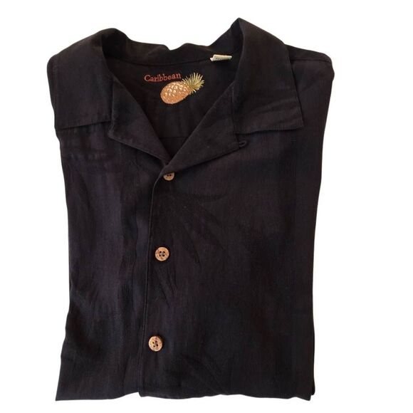 Caribbean Mens Palm Tropical Jacquard Silk Blend Button-up Shirt Black Large - Picture 12 of 13